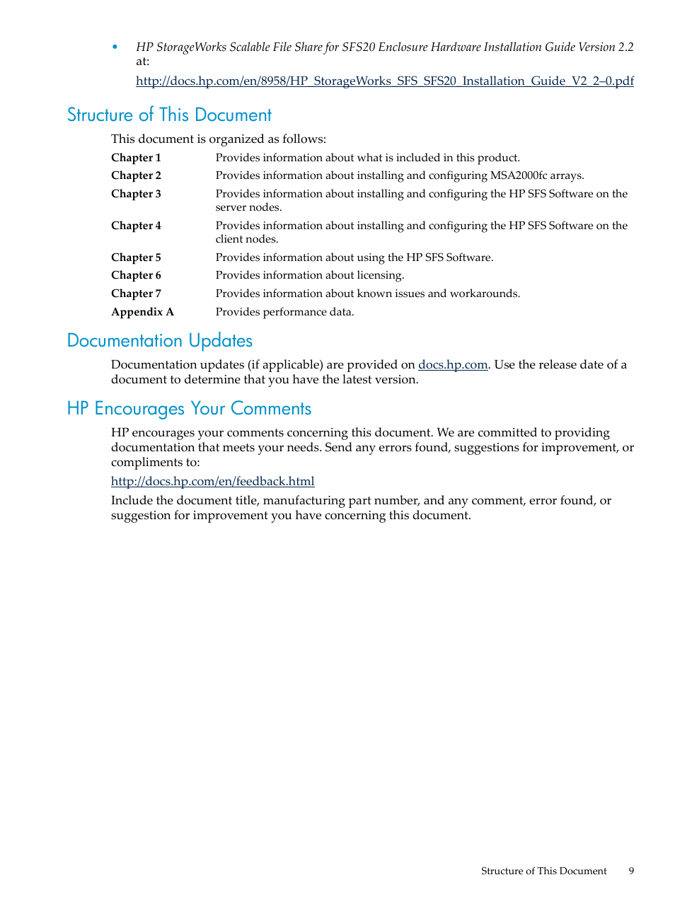 Structure of this document, Documentation updates, Hp encourages your comments | HP StorageWorks Scalable File Share User Manual | Page 9 / 58