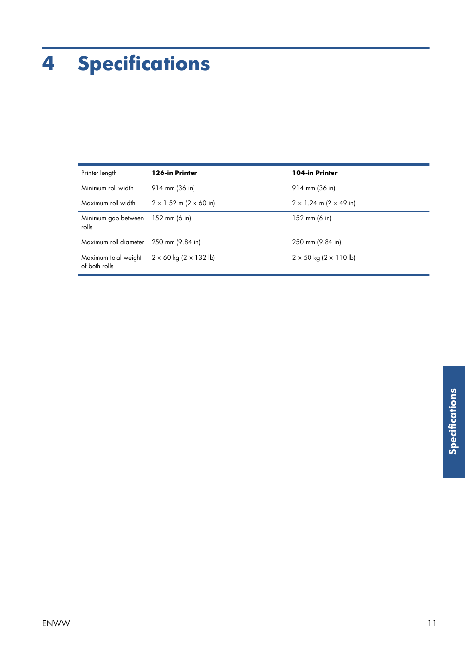 Specifications, 4 specifications, Spec if ic a tio ns | HP Latex 850 Printer User Manual | Page 15 / 15