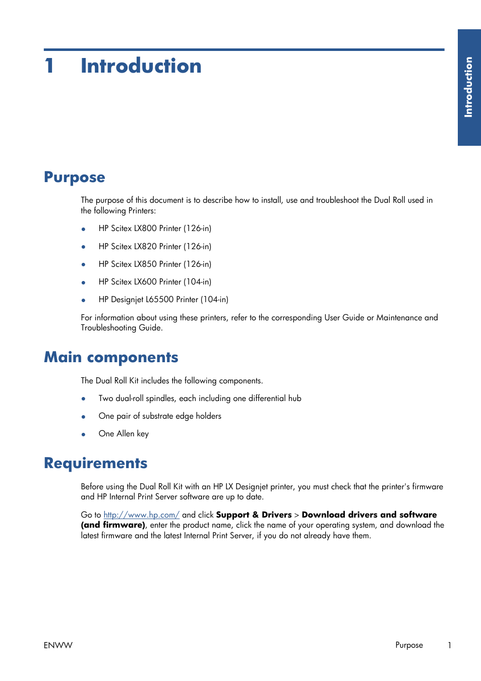 Introduction, Purpose, Main components | Requirements, 1 introduction, Purpose main components requirements | HP Latex 850 Printer User Manual | Page 5 / 15