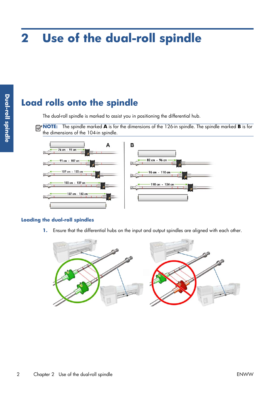 Use of the dual-roll spindle, Load rolls onto the spindle, 2 use of the dual-roll spindle | HP Latex 850 Printer User Manual | Page 6 / 15