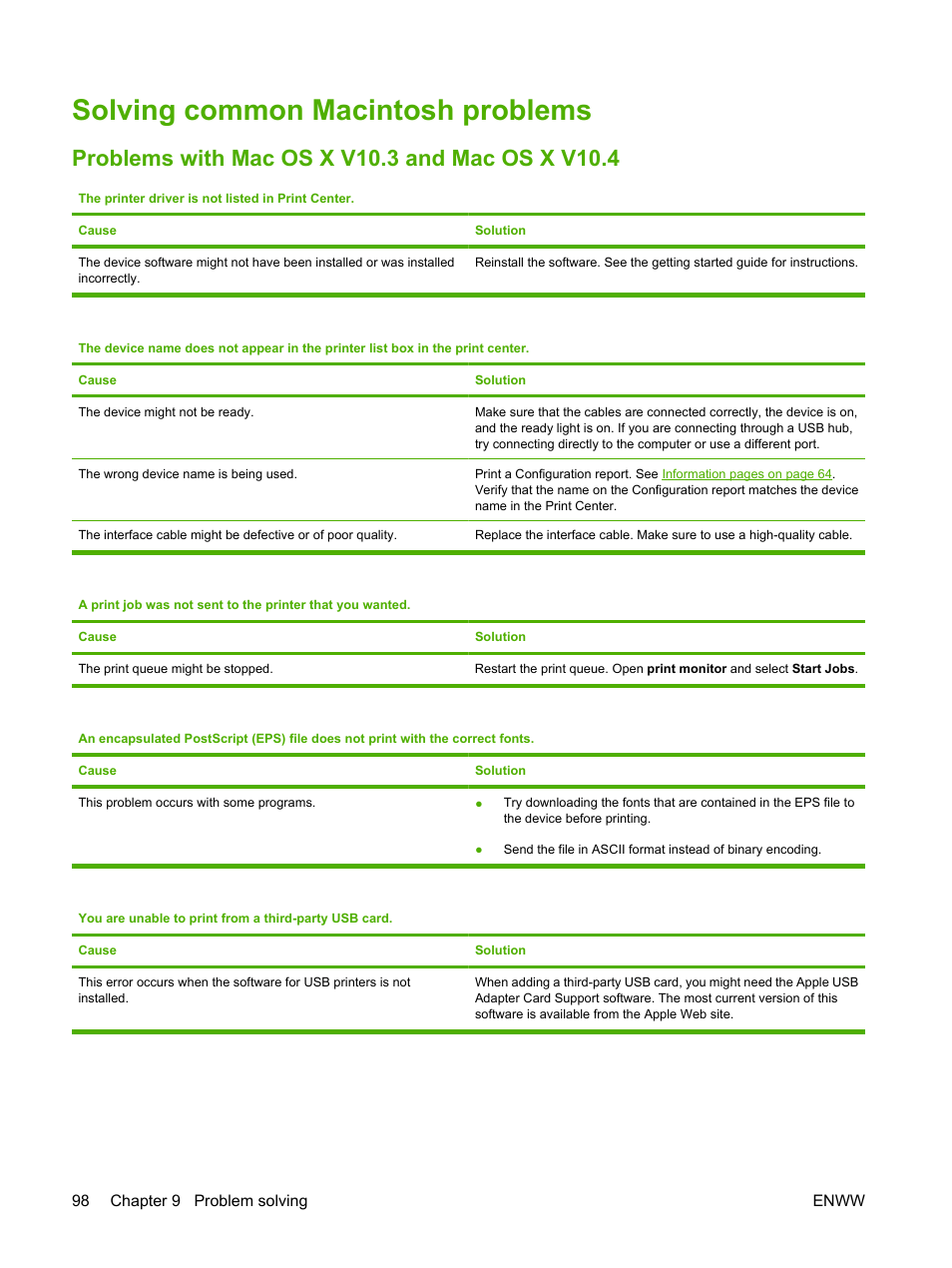 Solving common macintosh problems, Problems with mac os x v10.3 and mac os x v10.4 | HP LaserJet M1005 Multifunction Printer series User Manual | Page 108 / 142