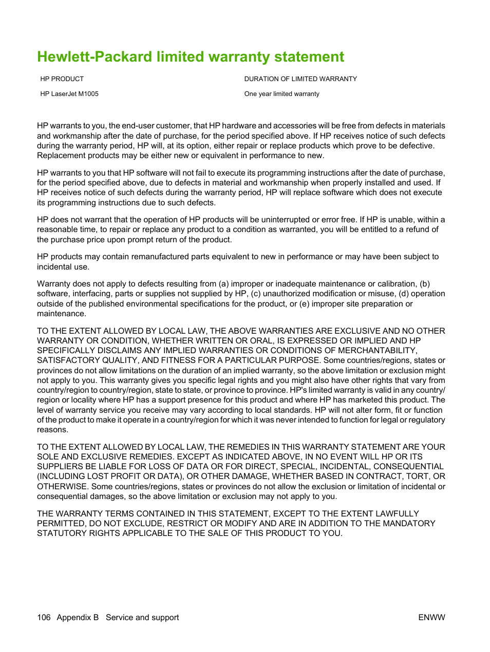 Hewlett-packard limited warranty statement | HP LaserJet M1005 Multifunction Printer series User Manual | Page 116 / 142