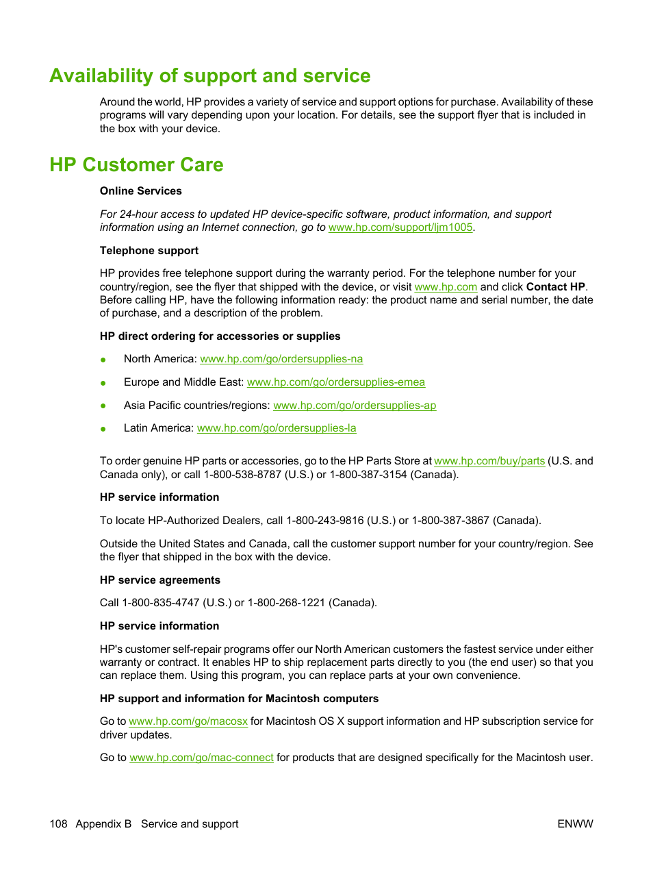 Availability of support and service, Hp customer care, Care. see | Hp customer, Or the suppo | HP LaserJet M1005 Multifunction Printer series User Manual | Page 118 / 142