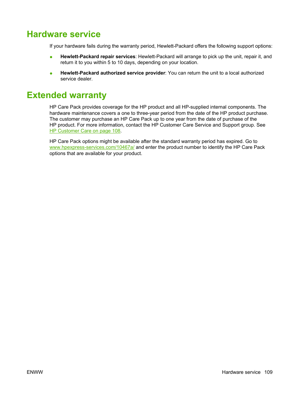 Hardware service, Extended warranty, Hardware service extended warranty | HP LaserJet M1005 Multifunction Printer series User Manual | Page 119 / 142
