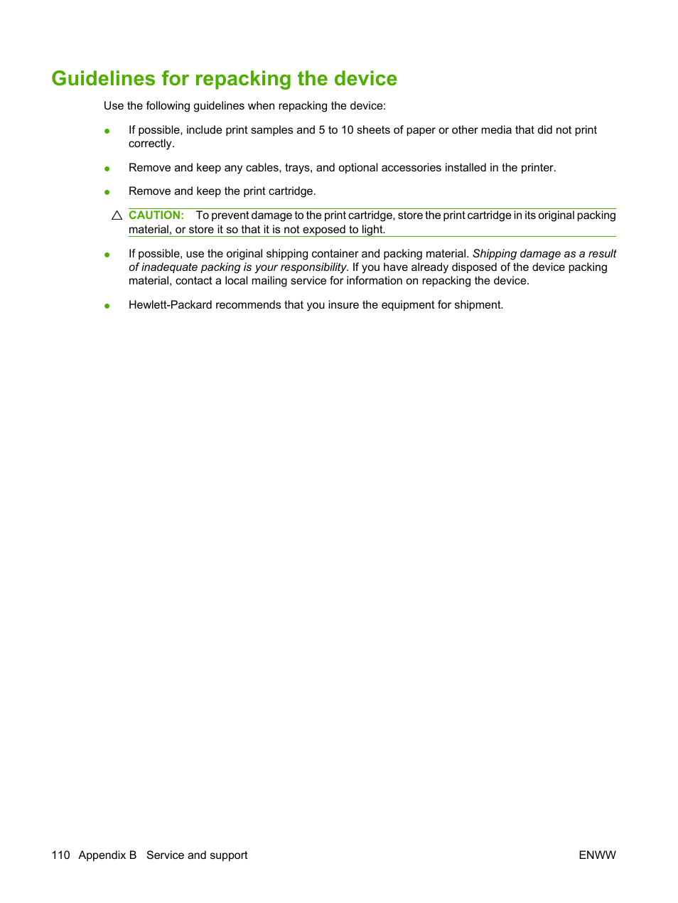 Guidelines for repacking the device | HP LaserJet M1005 Multifunction Printer series User Manual | Page 120 / 142