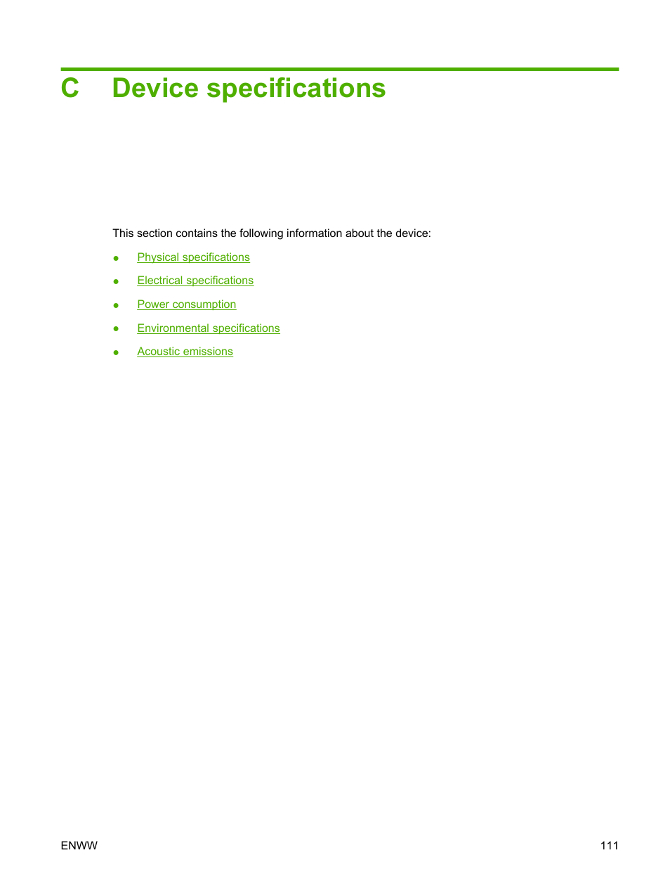 Device specifications, Appendix c device specifications, Cdevice specifications | HP LaserJet M1005 Multifunction Printer series User Manual | Page 121 / 142