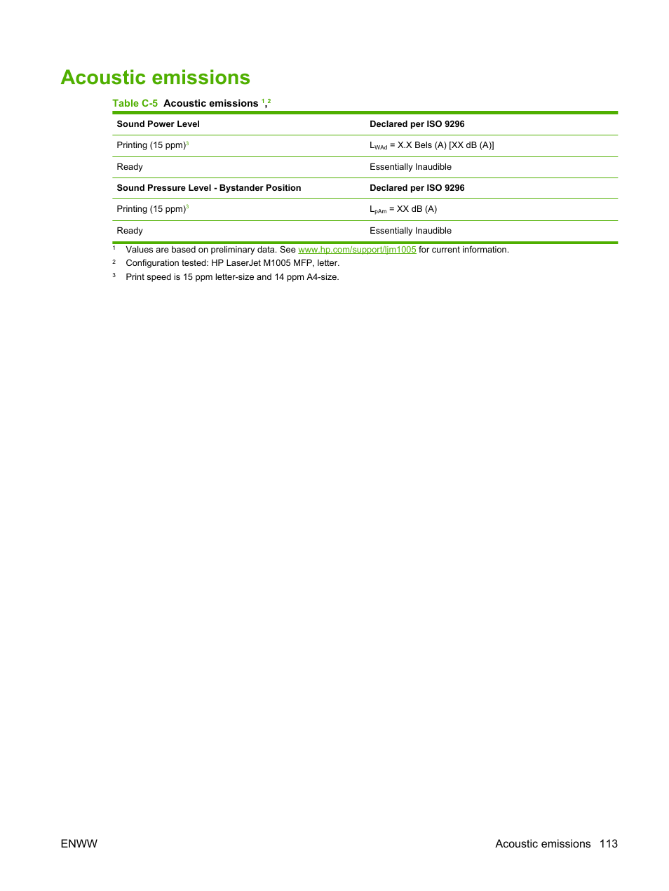 Acoustic emissions, Enww acoustic emissions 113 | HP LaserJet M1005 Multifunction Printer series User Manual | Page 123 / 142