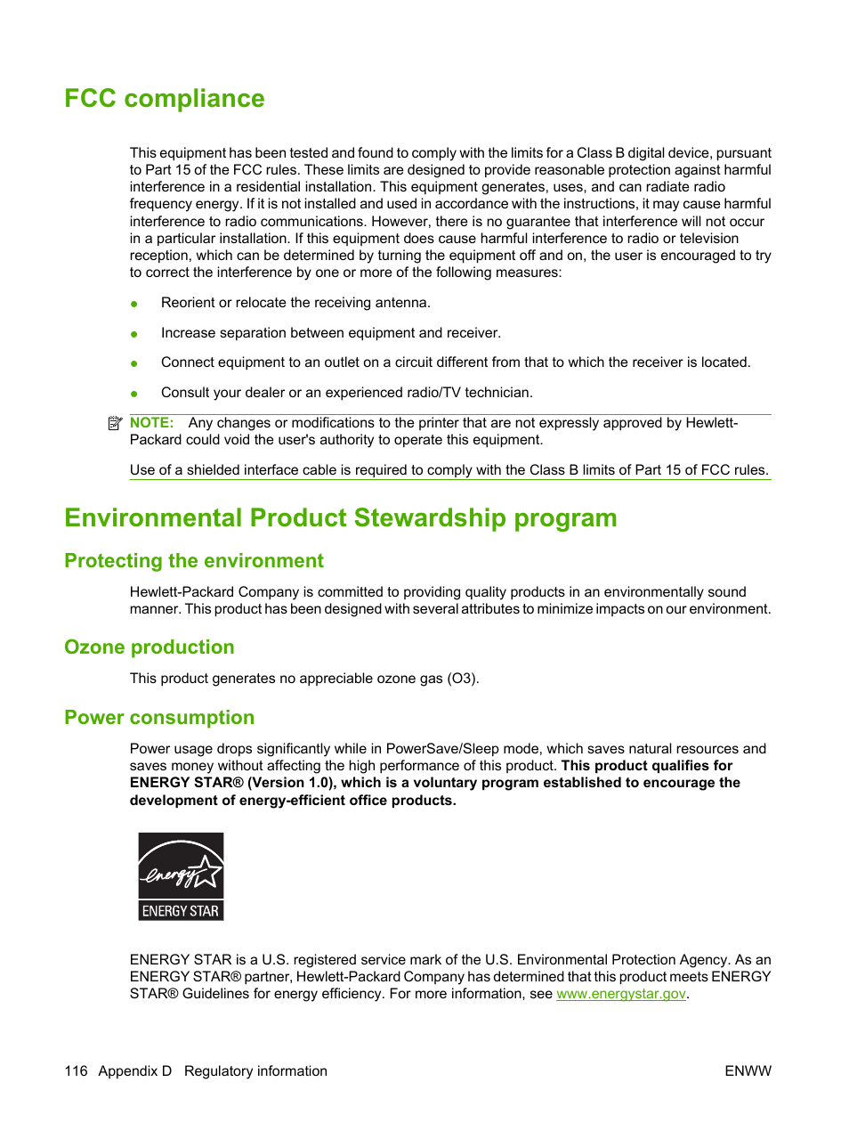 Fcc compliance, Environmental product stewardship program, Protecting the environment | Ozone production, Power consumption | HP LaserJet M1005 Multifunction Printer series User Manual | Page 126 / 142