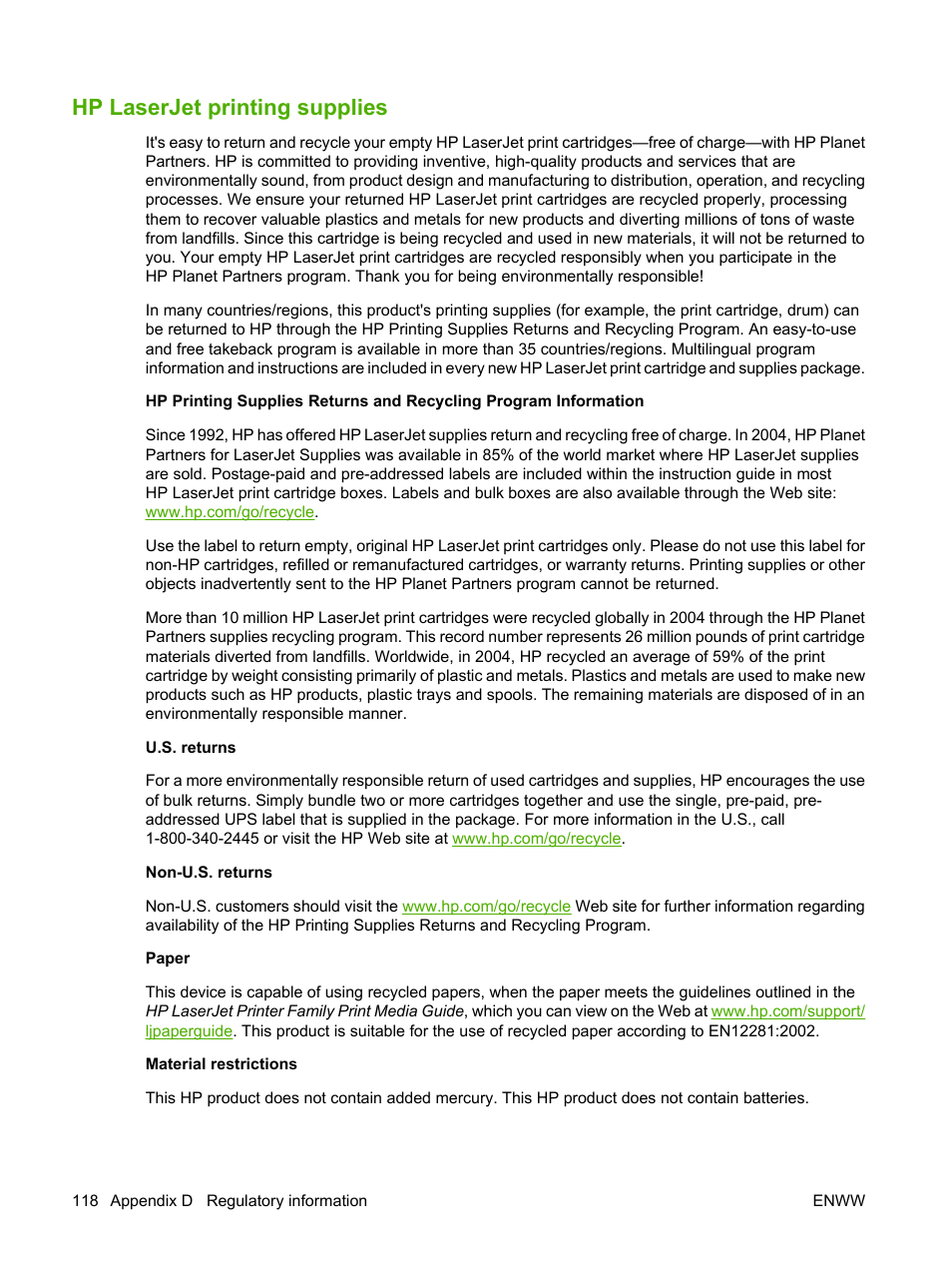 Hp laserjet printing supplies | HP LaserJet M1005 Multifunction Printer series User Manual | Page 128 / 142