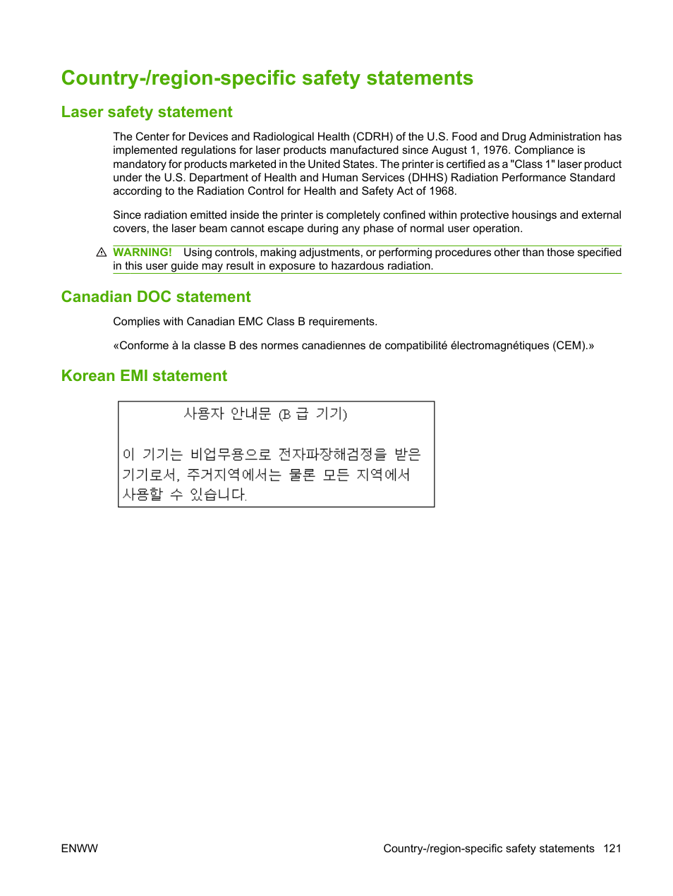 Country-/region-specific safety statements, Laser safety statement, Canadian doc statement | Korean emi statement | HP LaserJet M1005 Multifunction Printer series User Manual | Page 131 / 142
