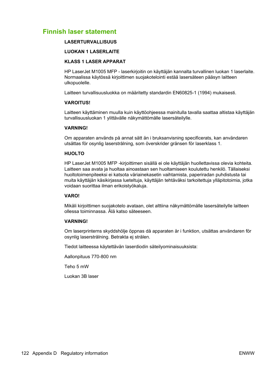 Finnish laser statement | HP LaserJet M1005 Multifunction Printer series User Manual | Page 132 / 142