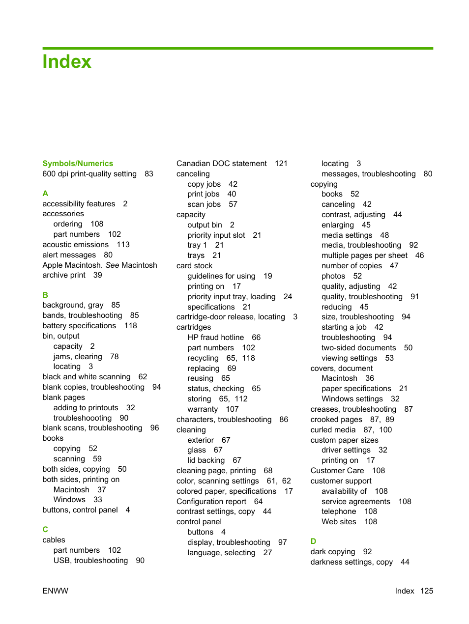 Index | HP LaserJet M1005 Multifunction Printer series User Manual | Page 135 / 142