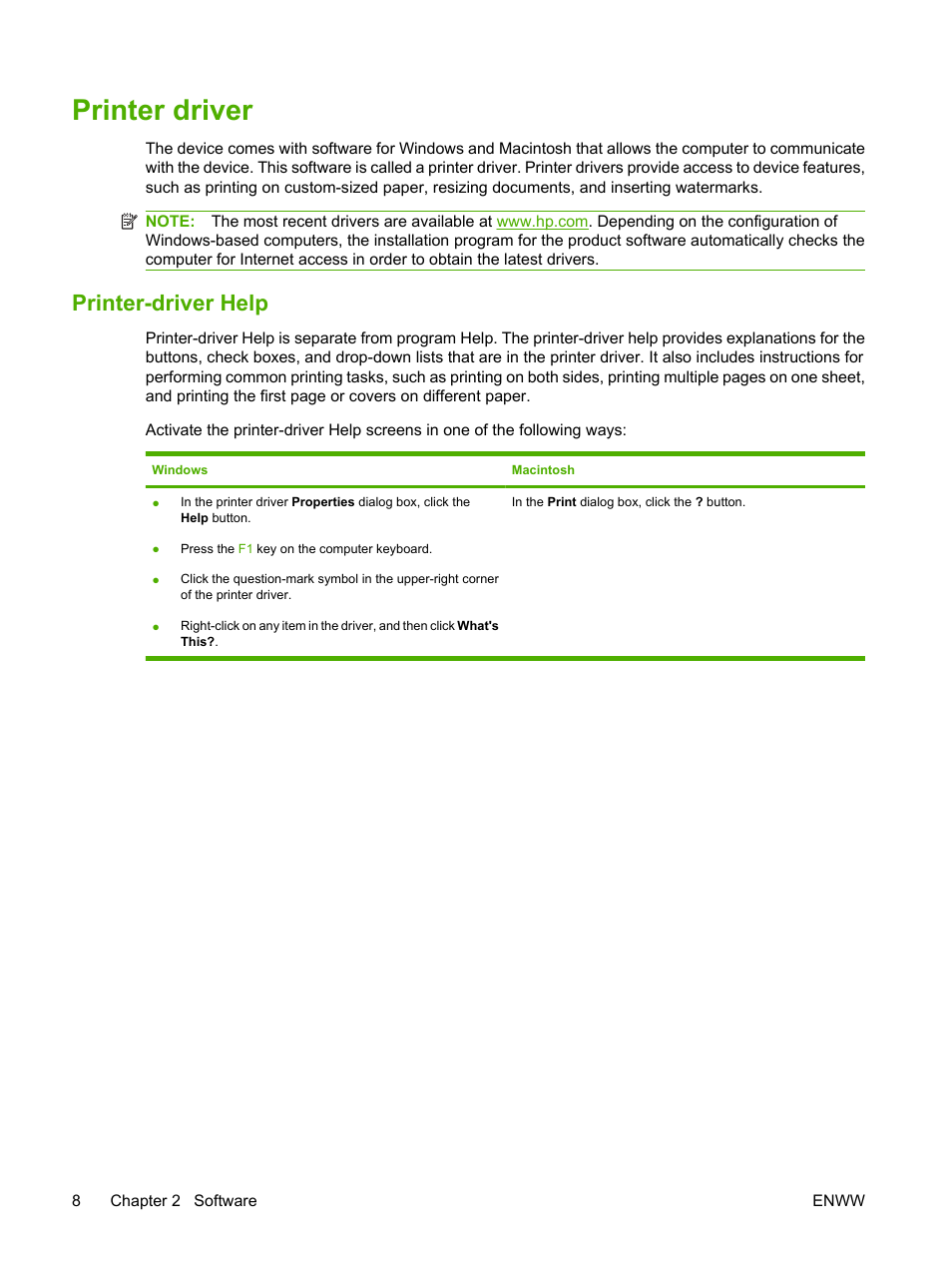 Printer driver, Printer-driver help | HP LaserJet M1005 Multifunction Printer series User Manual | Page 18 / 142