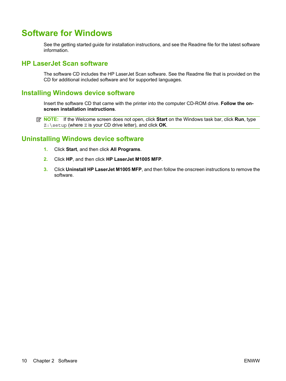 Software for windows, Hp laserjet scan software, Installing windows device software | Uninstalling windows device software | HP LaserJet M1005 Multifunction Printer series User Manual | Page 20 / 142