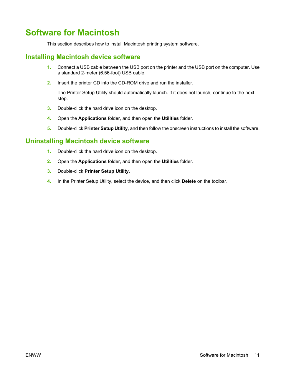 Software for macintosh, Installing macintosh device software, Uninstalling macintosh device software | HP LaserJet M1005 Multifunction Printer series User Manual | Page 21 / 142