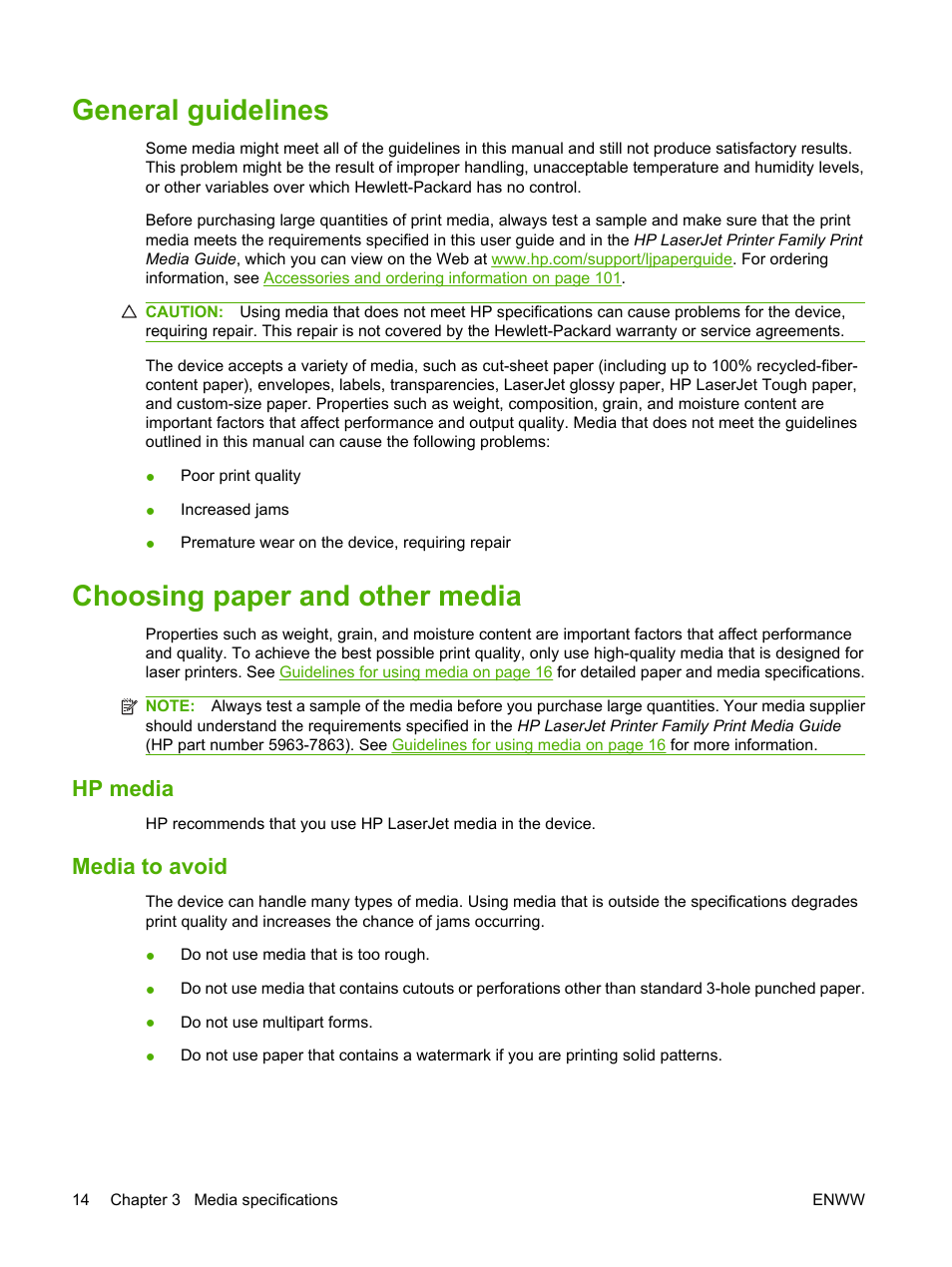 General guidelines, Choosing paper and other media, Hp media | Media to avoid, General guidelines choosing paper and other media, Hp media media to avoid | HP LaserJet M1005 Multifunction Printer series User Manual | Page 24 / 142