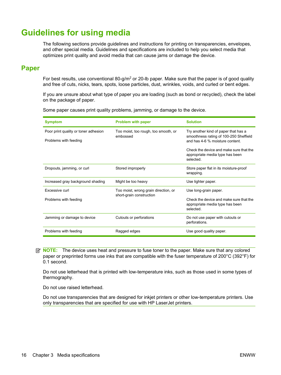 Guidelines for using media, Paper | HP LaserJet M1005 Multifunction Printer series User Manual | Page 26 / 142