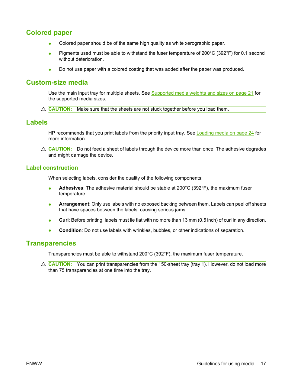 Colored paper, Custom-size media, Labels | Label construction, Transparencies, Colored paper custom-size media labels | HP LaserJet M1005 Multifunction Printer series User Manual | Page 27 / 142