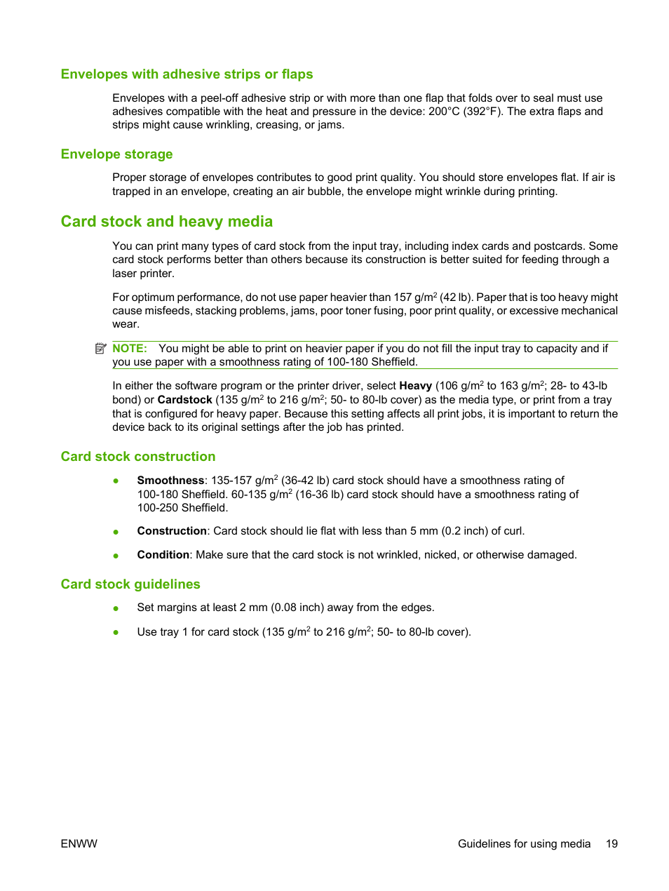 Envelopes with adhesive strips or flaps, Envelope storage, Card stock and heavy media | Card stock construction, Card stock guidelines, Card stock construction card stock guidelines | HP LaserJet M1005 Multifunction Printer series User Manual | Page 29 / 142