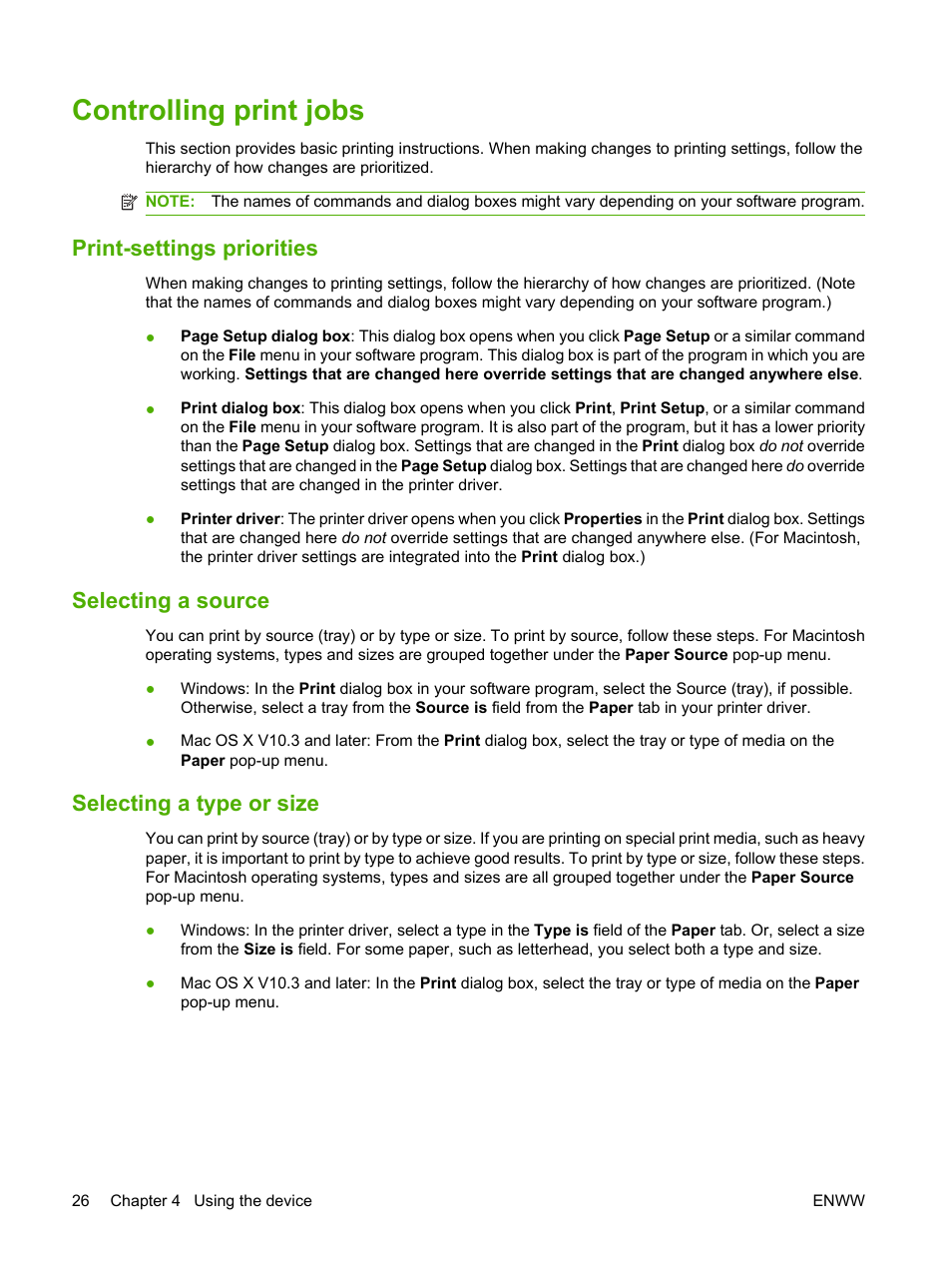 Controlling print jobs, Print-settings priorities, Selecting a source | Selecting a type or size | HP LaserJet M1005 Multifunction Printer series User Manual | Page 36 / 142