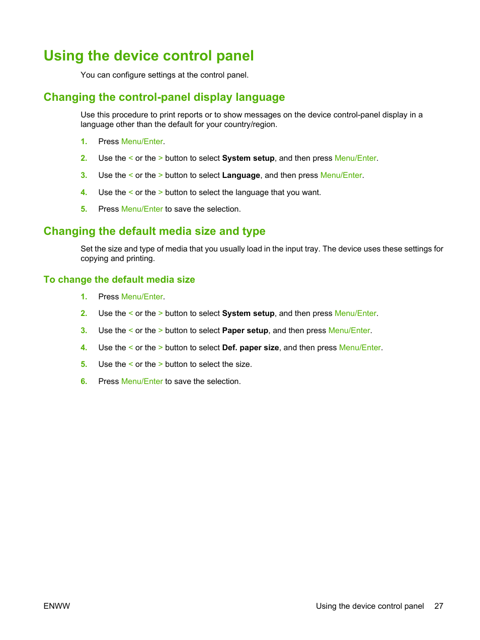 Using the device control panel, Changing the control-panel display language, Changing the default media size and type | To change the default media size | HP LaserJet M1005 Multifunction Printer series User Manual | Page 37 / 142