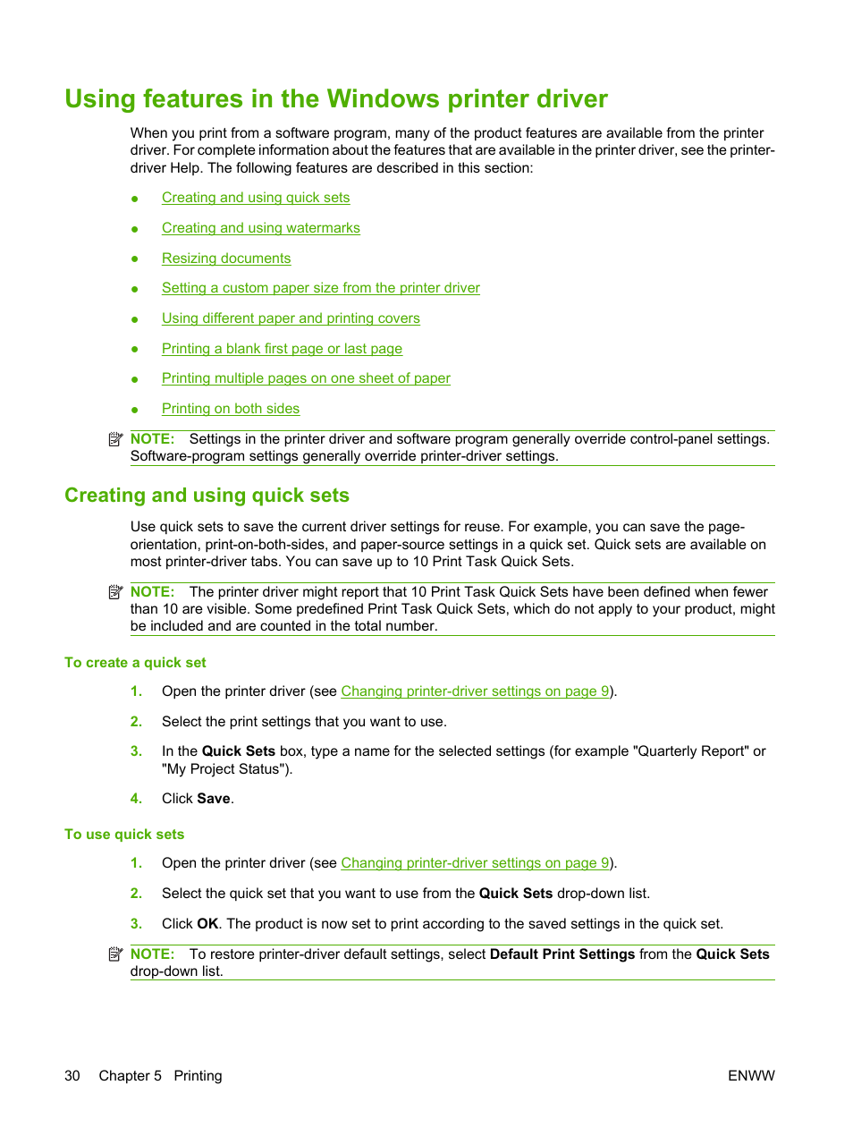 Using features in the windows printer driver, Creating and using quick sets | HP LaserJet M1005 Multifunction Printer series User Manual | Page 40 / 142