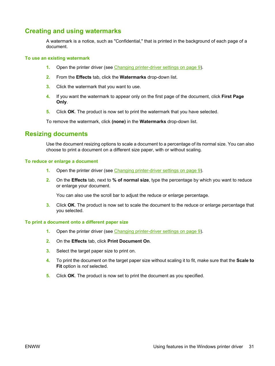 Creating and using watermarks, Resizing documents, Creating and using watermarks resizing documents | HP LaserJet M1005 Multifunction Printer series User Manual | Page 41 / 142
