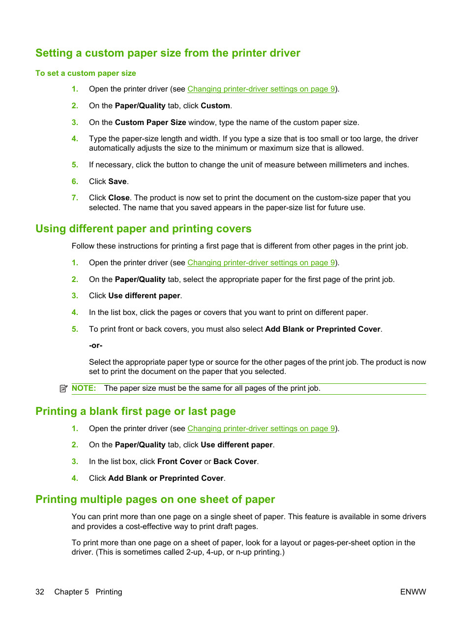 Using different paper and printing covers, Printing multiple, Printing a blank first page or last page | Printing multiple pages on one sheet of paper | HP LaserJet M1005 Multifunction Printer series User Manual | Page 42 / 142