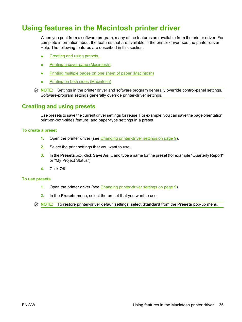 Using features in the macintosh printer driver, Creating and using presets | HP LaserJet M1005 Multifunction Printer series User Manual | Page 45 / 142