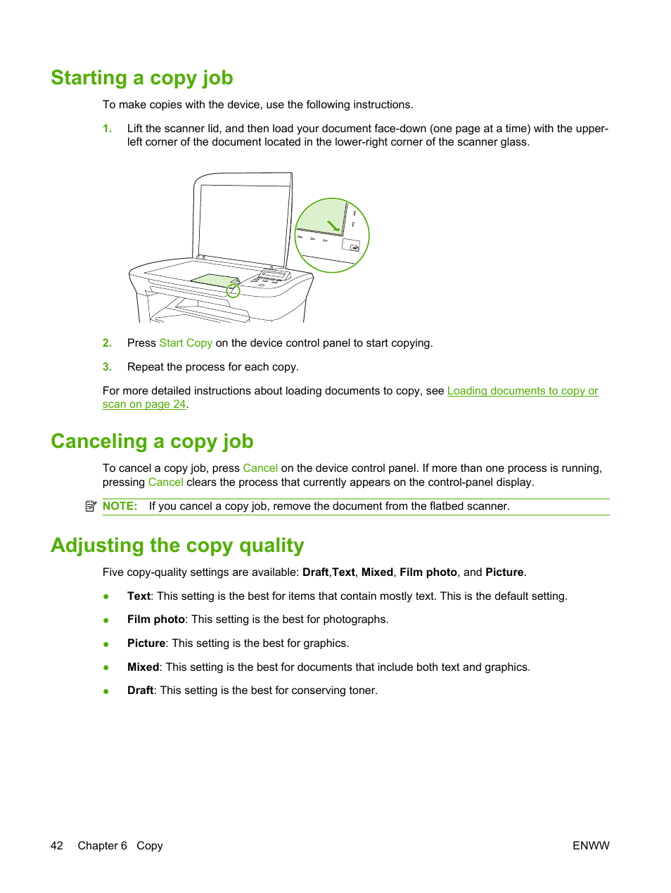 Starting a copy job, Canceling a copy job, Adjusting the copy quality | HP LaserJet M1005 Multifunction Printer series User Manual | Page 52 / 142