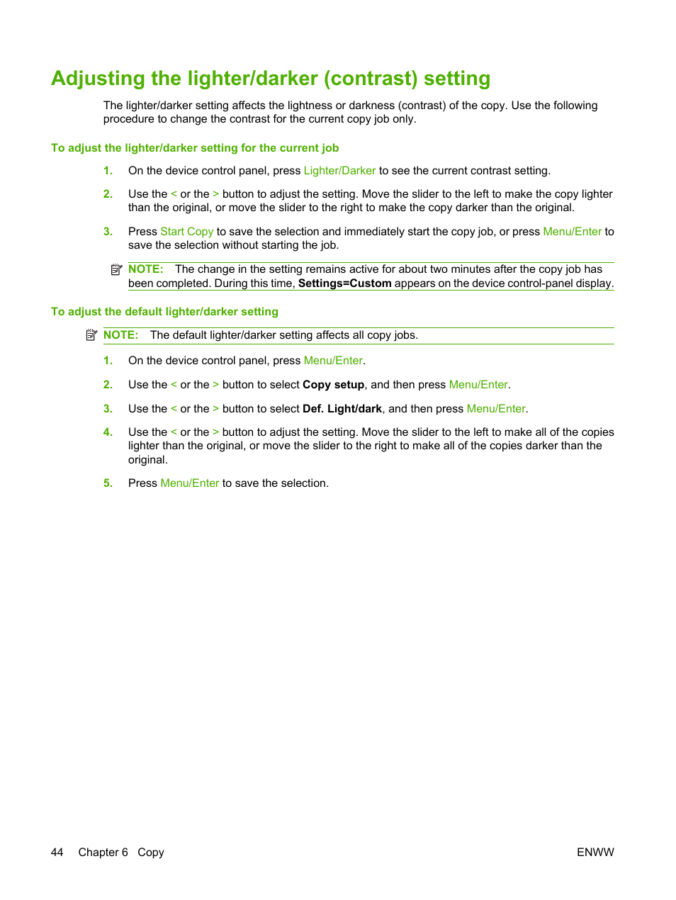 Adjusting the lighter/darker (contrast) setting | HP LaserJet M1005 Multifunction Printer series User Manual | Page 54 / 142