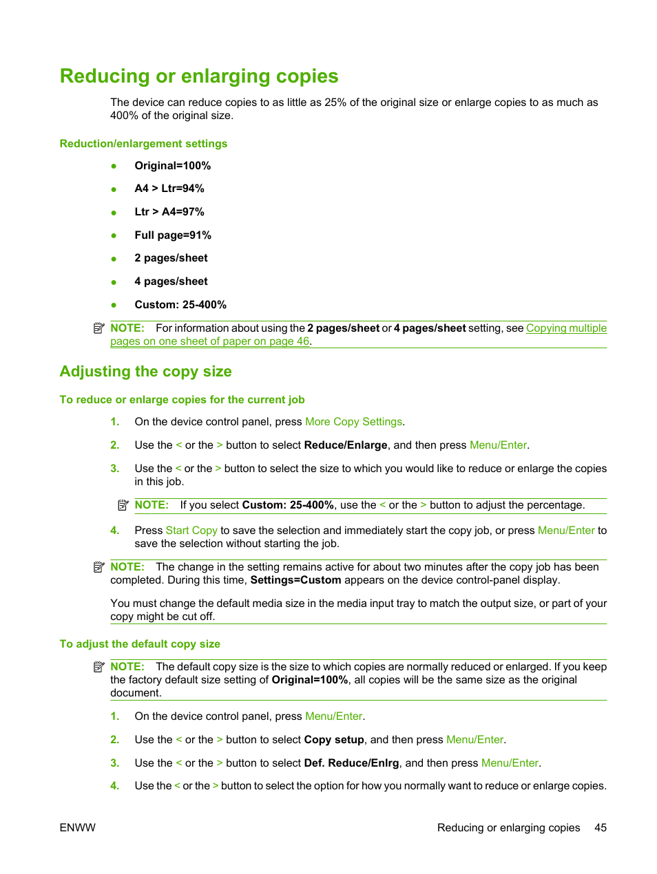 Reducing or enlarging copies, Adjusting the copy size | HP LaserJet M1005 Multifunction Printer series User Manual | Page 55 / 142