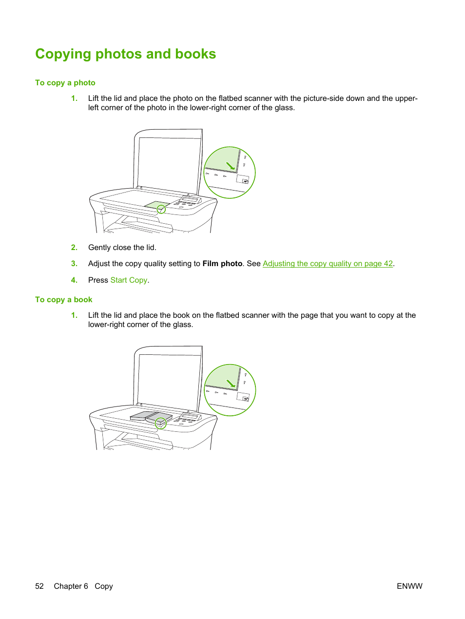 Copying photos and books | HP LaserJet M1005 Multifunction Printer series User Manual | Page 62 / 142