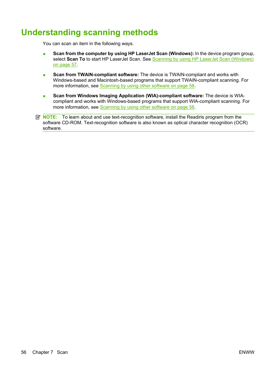 Understanding scanning methods | HP LaserJet M1005 Multifunction Printer series User Manual | Page 66 / 142