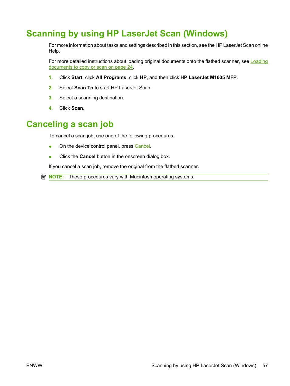 Scanning by using hp laserjet scan (windows), Canceling a scan job | HP LaserJet M1005 Multifunction Printer series User Manual | Page 67 / 142