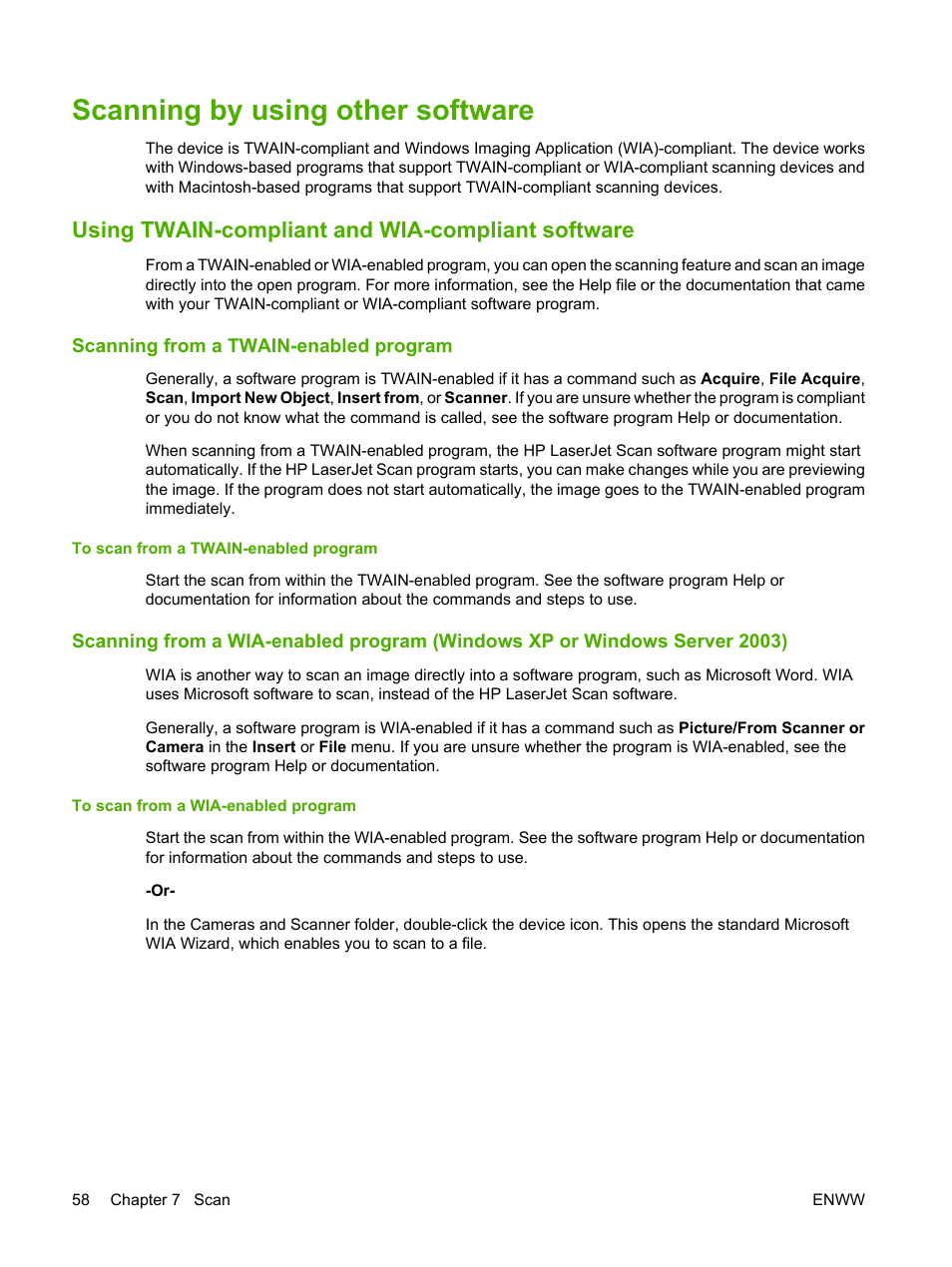 Scanning by using other software, Using twain-compliant and wia-compliant software, Scanning from a twain-enabled program | To scan from a twain-enabled program, To scan from a wia-enabled program | HP LaserJet M1005 Multifunction Printer series User Manual | Page 68 / 142