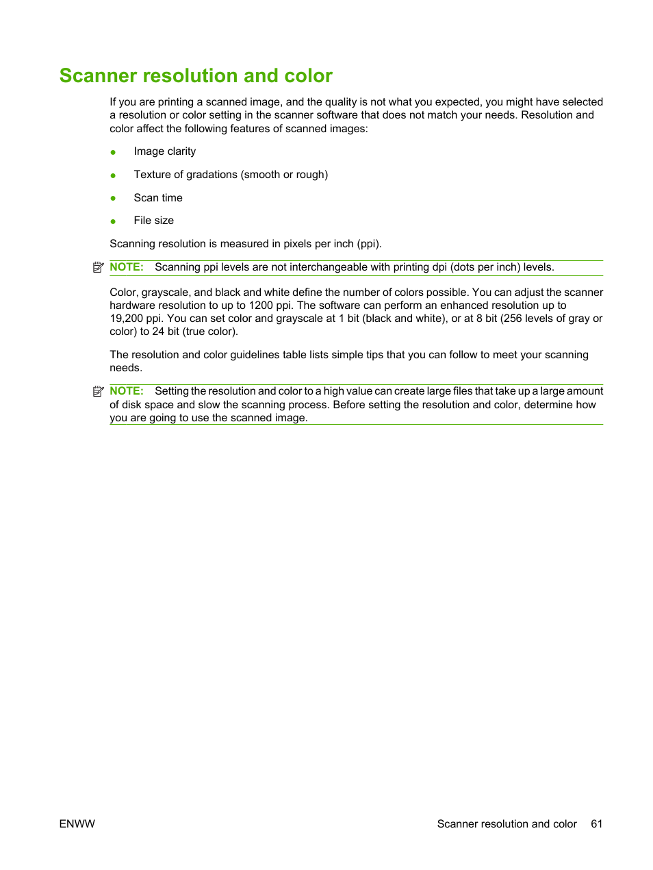 Scanner resolution and color | HP LaserJet M1005 Multifunction Printer series User Manual | Page 71 / 142