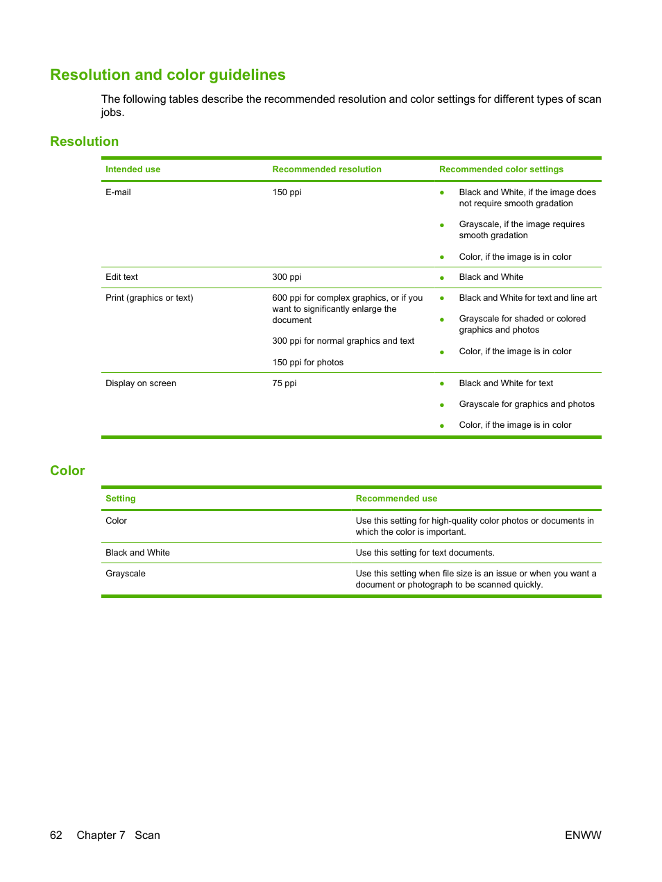 Resolution and color guidelines, Resolution, Color | Resolution color | HP LaserJet M1005 Multifunction Printer series User Manual | Page 72 / 142