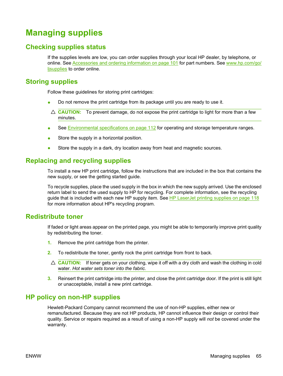 Managing supplies, Checking supplies status, Storing supplies | Replacing and recycling supplies, Redistribute toner, Hp policy on non-hp supplies, Checking supplies status storing supplies | HP LaserJet M1005 Multifunction Printer series User Manual | Page 75 / 142