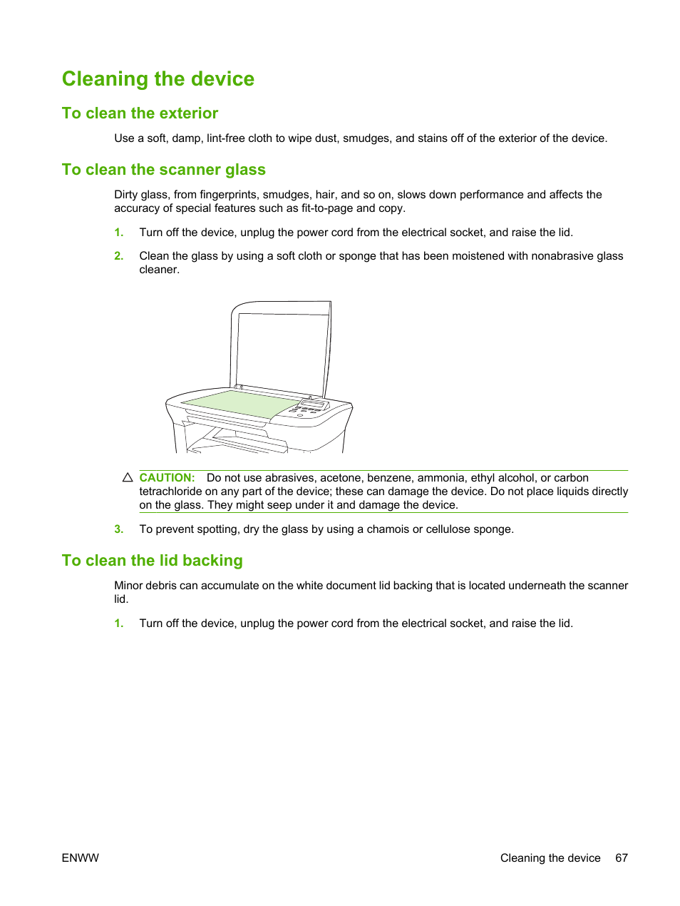 Cleaning the device, To clean the exterior, To clean the scanner glass | To clean the lid backing | HP LaserJet M1005 Multifunction Printer series User Manual | Page 77 / 142