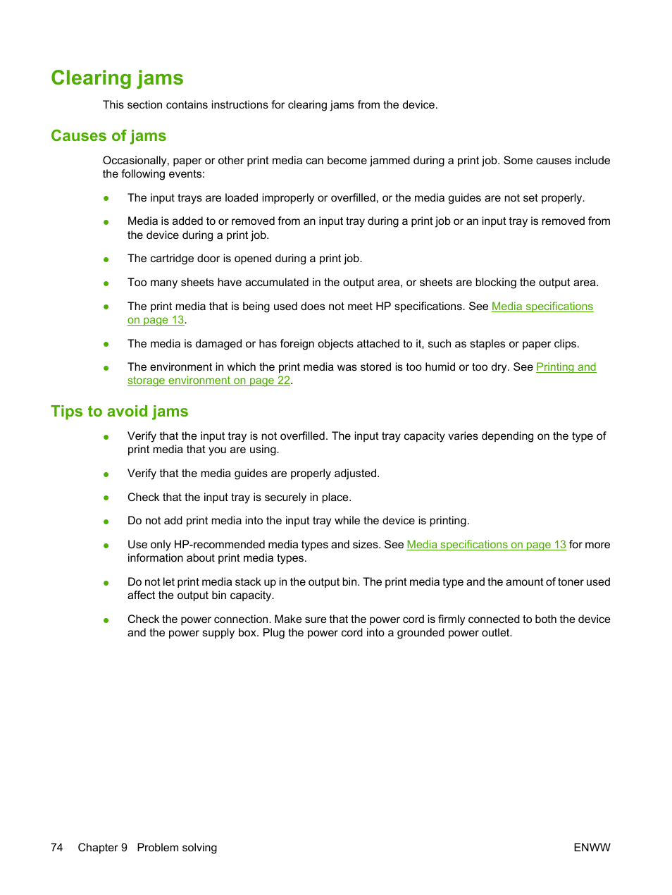 Clearing jams, Causes of jams, Tips to avoid jams | Causes of jams tips to avoid jams | HP LaserJet M1005 Multifunction Printer series User Manual | Page 84 / 142