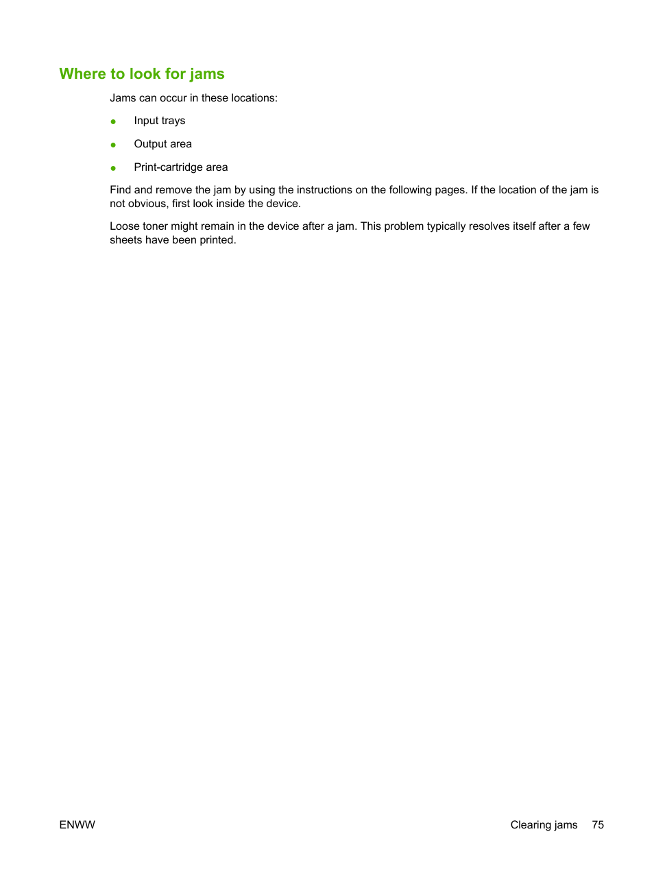 Where to look for jams | HP LaserJet M1005 Multifunction Printer series User Manual | Page 85 / 142