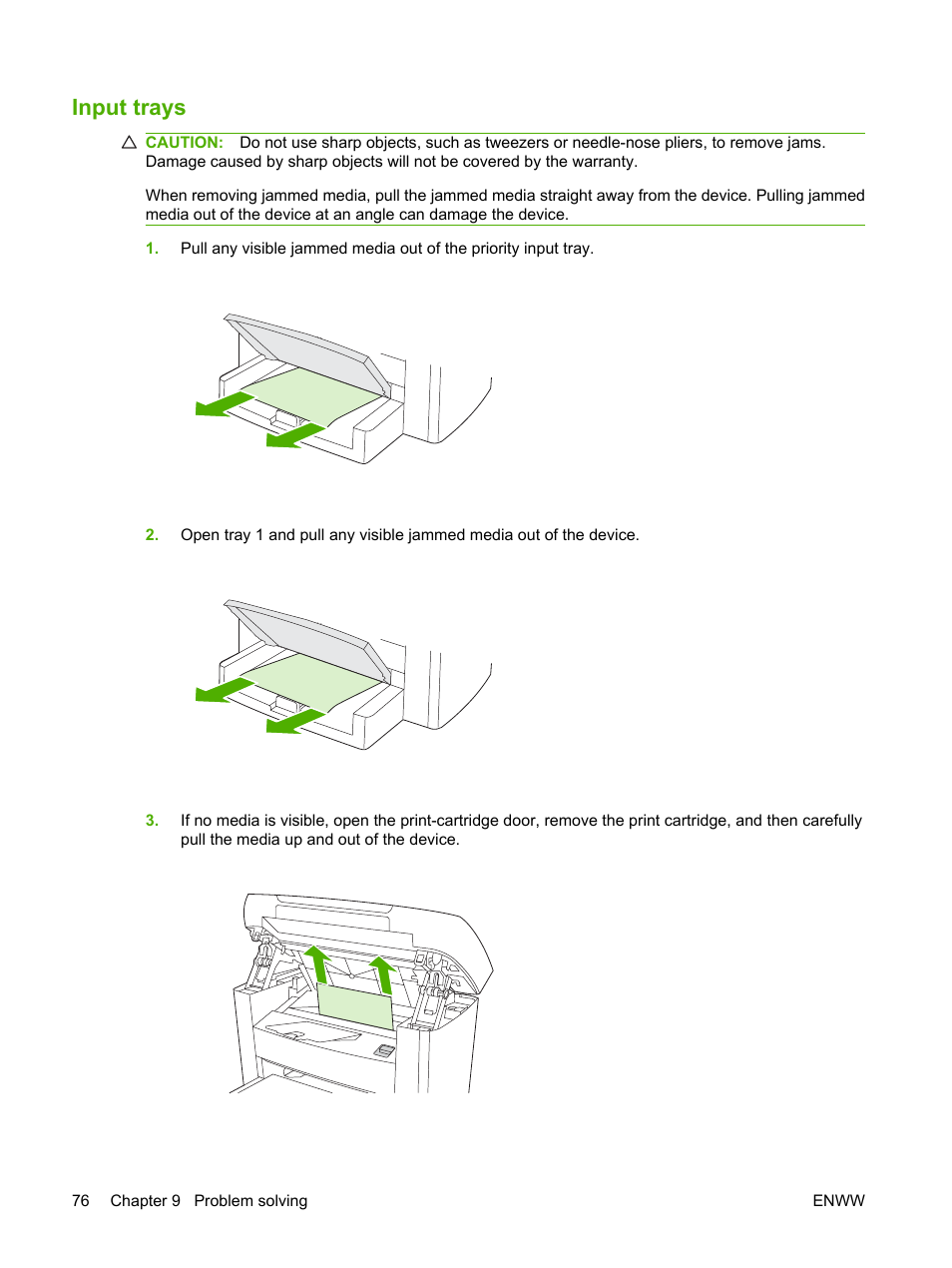 Input trays | HP LaserJet M1005 Multifunction Printer series User Manual | Page 86 / 142