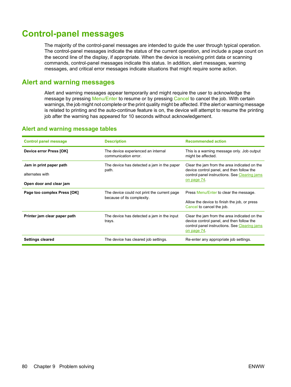 Control-panel messages, Alert and warning messages, Alert and warning message tables | HP LaserJet M1005 Multifunction Printer series User Manual | Page 90 / 142
