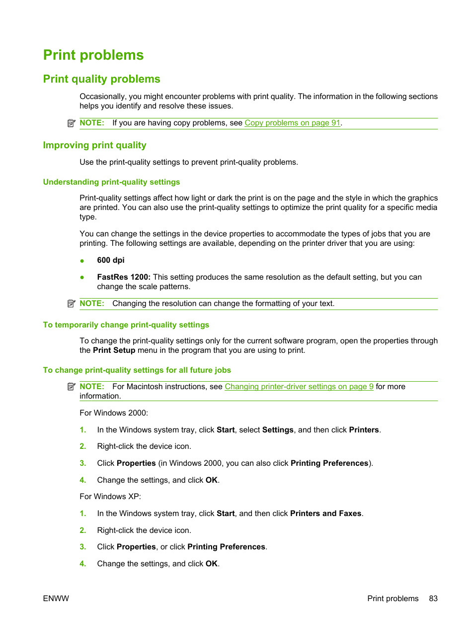 Print problems, Print quality problems, Improving print quality | Understanding print-quality settings, To temporarily change print-quality settings | HP LaserJet M1005 Multifunction Printer series User Manual | Page 93 / 142
