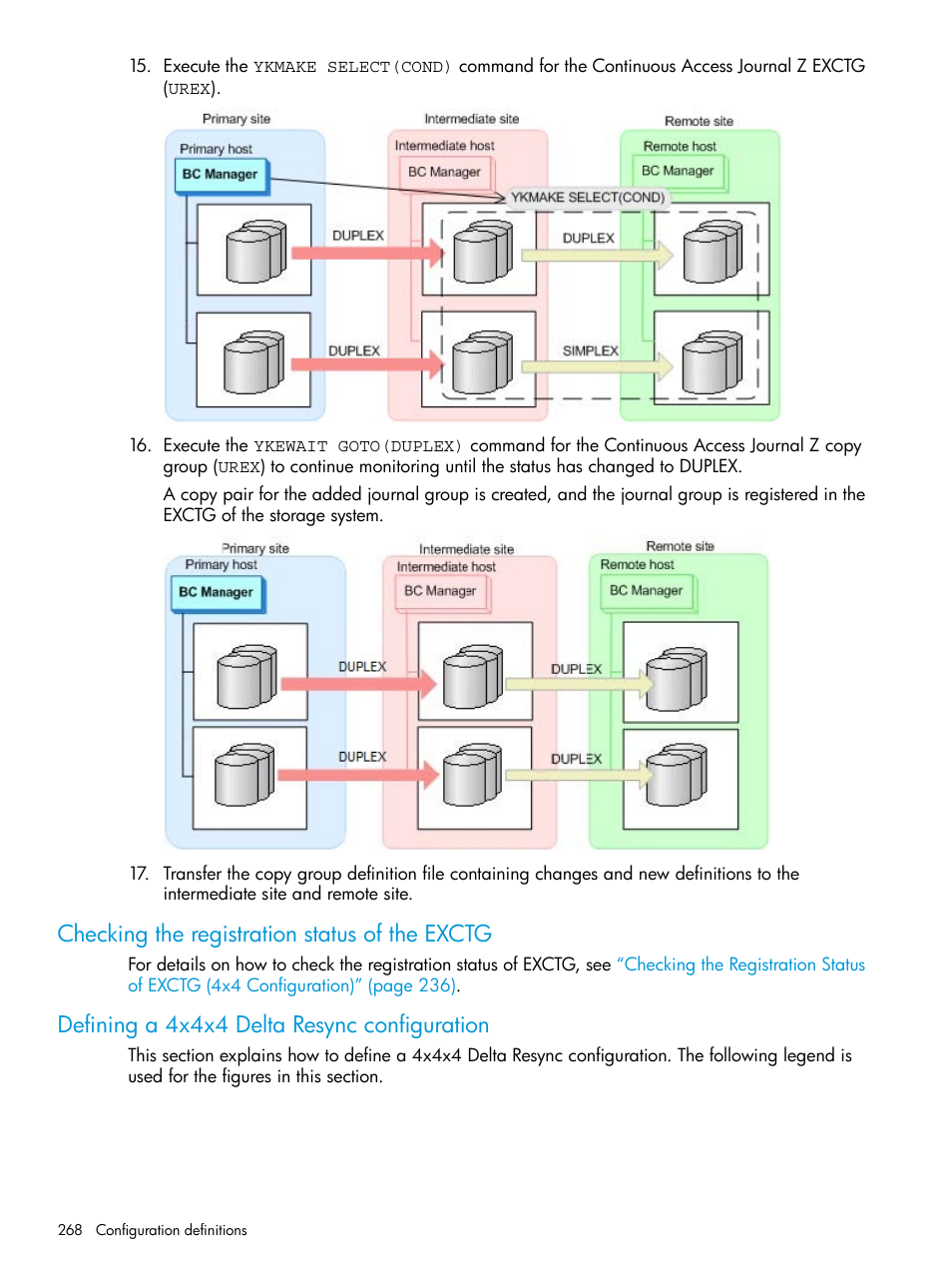 Checking the registration status of the exctg, Defining a 4x4x4 delta resync configuration | HP XP Racks User Manual | Page 268 / 764