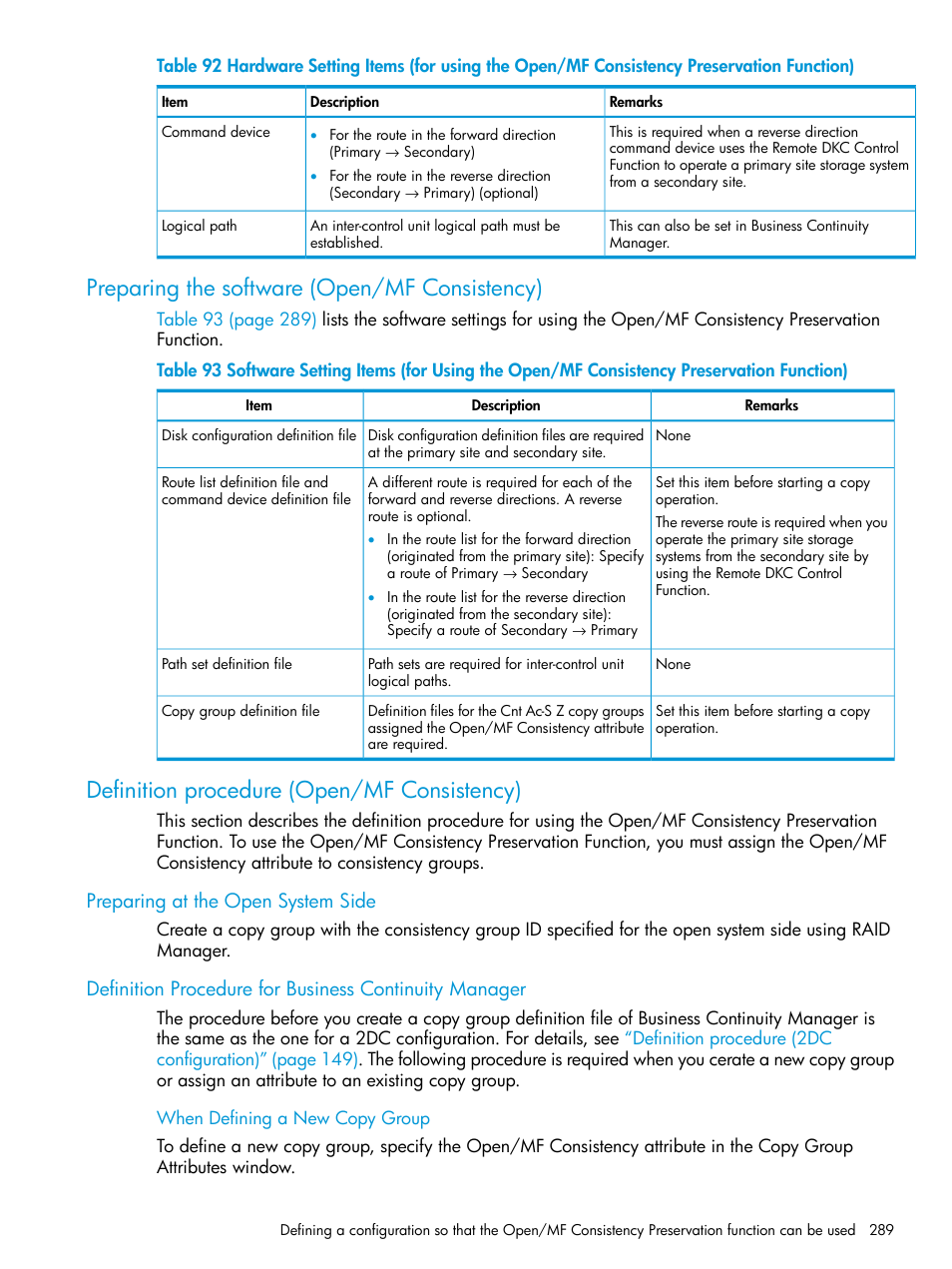 Preparing the software (open/mf consistency), Definition procedure (open/mf consistency), Preparing at the open system side | When defining a new copy group | HP XP Racks User Manual | Page 289 / 764