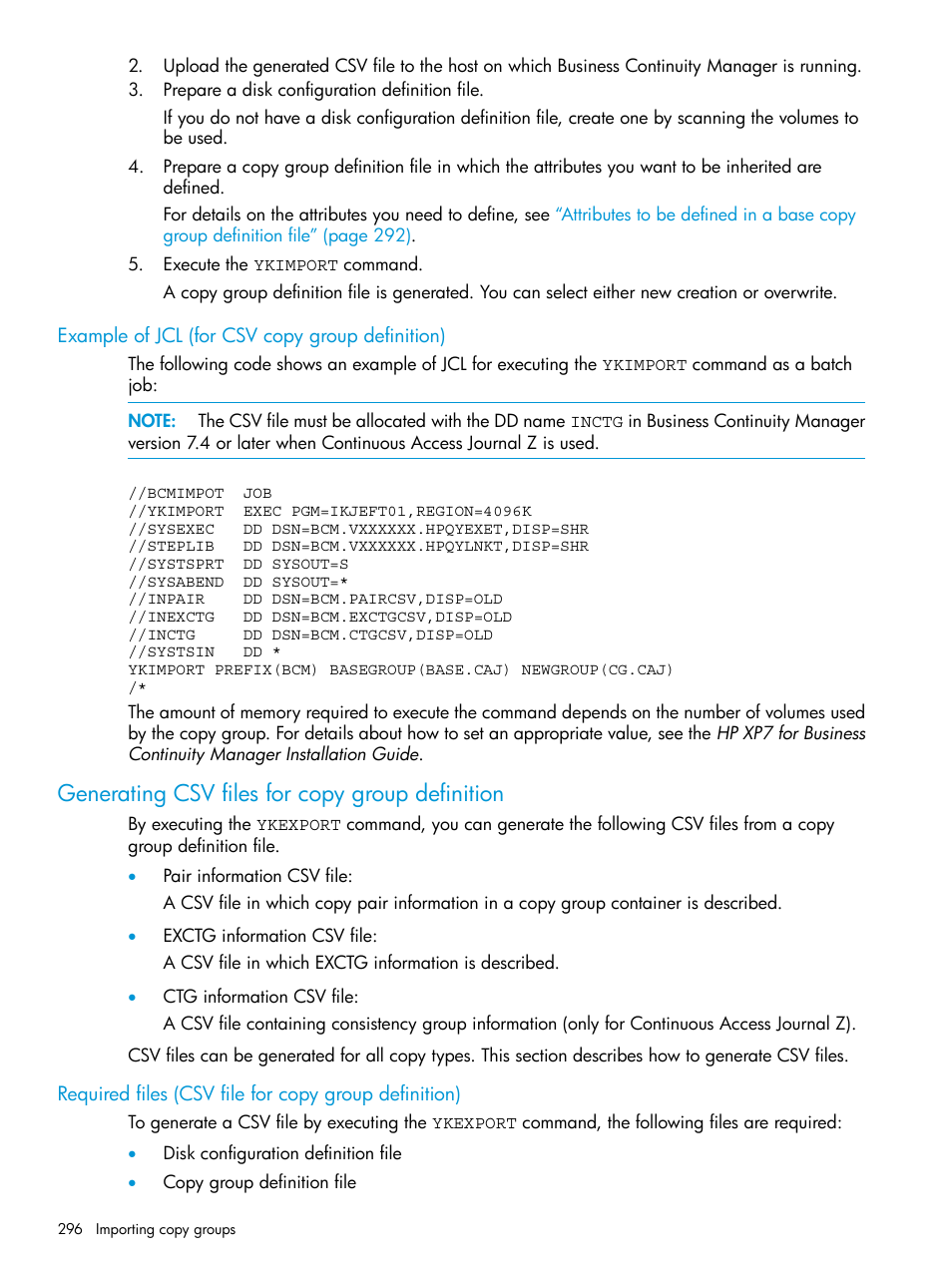 Example of jcl (for csv copy group definition), Generating csv files for copy group definition | HP XP Racks User Manual | Page 296 / 764