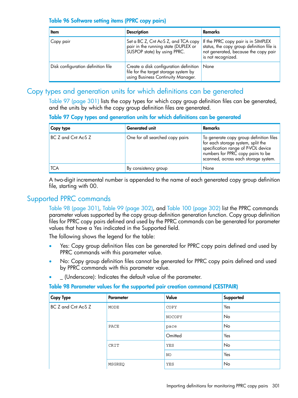 Supported pprc commands | HP XP Racks User Manual | Page 301 / 764