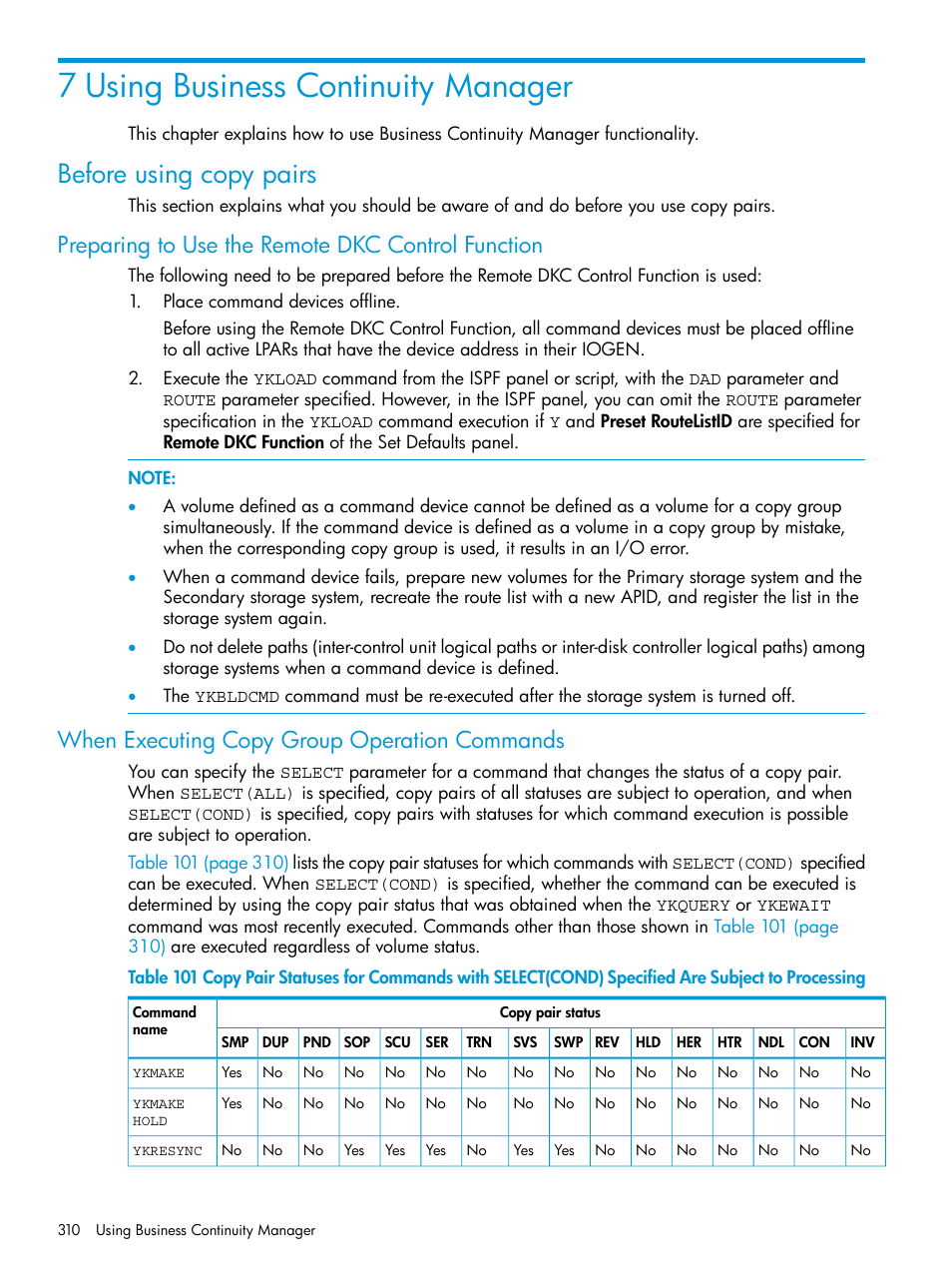 7 using business continuity manager, Before using copy pairs, Preparing to use the remote dkc control function | When executing copy group operation commands | HP XP Racks User Manual | Page 310 / 764